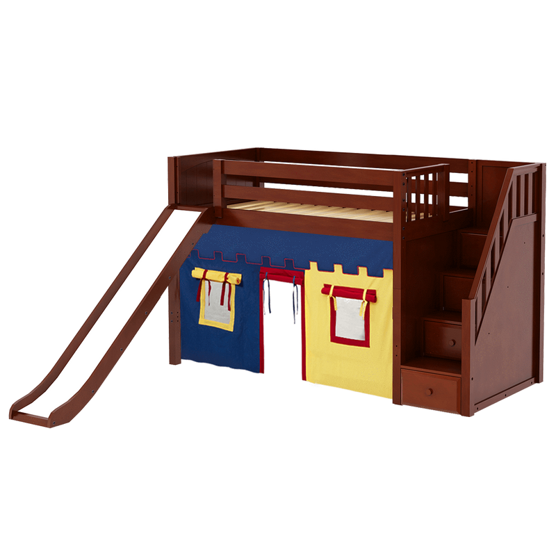 Maxtrix Twin Mid Loft Bed with Stairs, Curtain + Slide