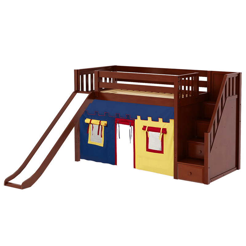Maxtrix Twin Mid Loft Bed with Stairs, Curtain + Slide