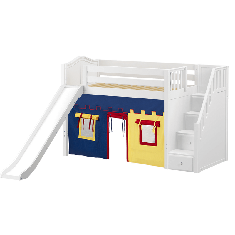 Maxtrix Twin Mid Loft Bed with Stairs, Curtain + Slide