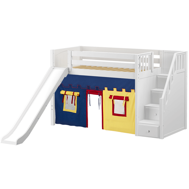 Maxtrix Twin Mid Loft Bed with Stairs, Curtain + Slide