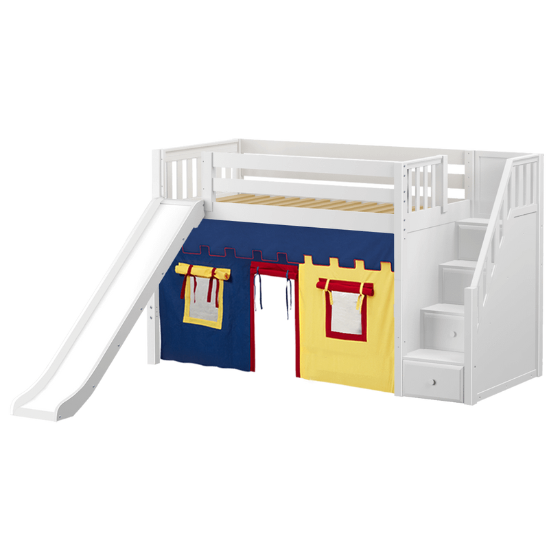 Maxtrix Twin Mid Loft Bed with Stairs, Curtain + Slide