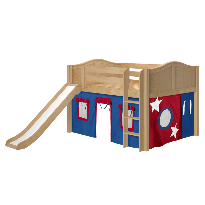 Maxtrix Full Low Loft Bed with Straight Ladder, Curtain + Slide