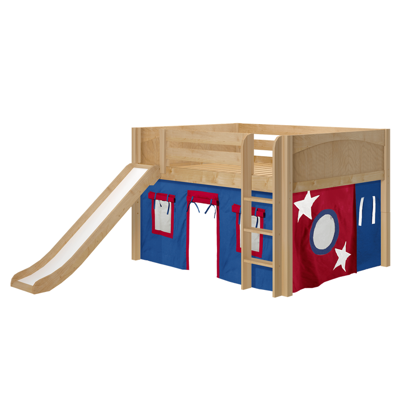 Maxtrix Full Low Loft Bed with Straight Ladder, Curtain + Slide