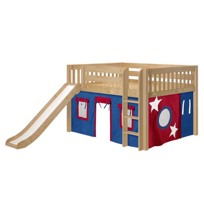 Maxtrix Full Low Loft Bed with Straight Ladder, Curtain + Slide