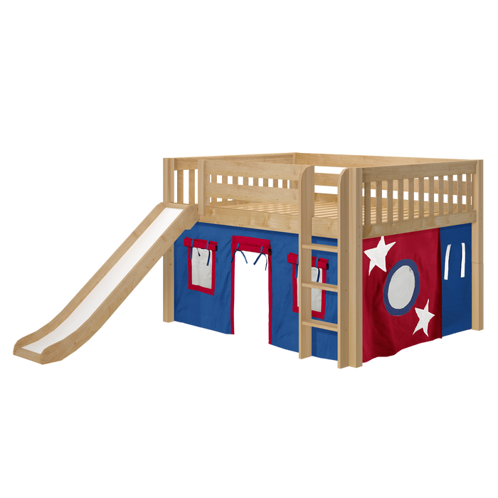 Maxtrix Full Low Loft Bed with Straight Ladder, Curtain + Slide