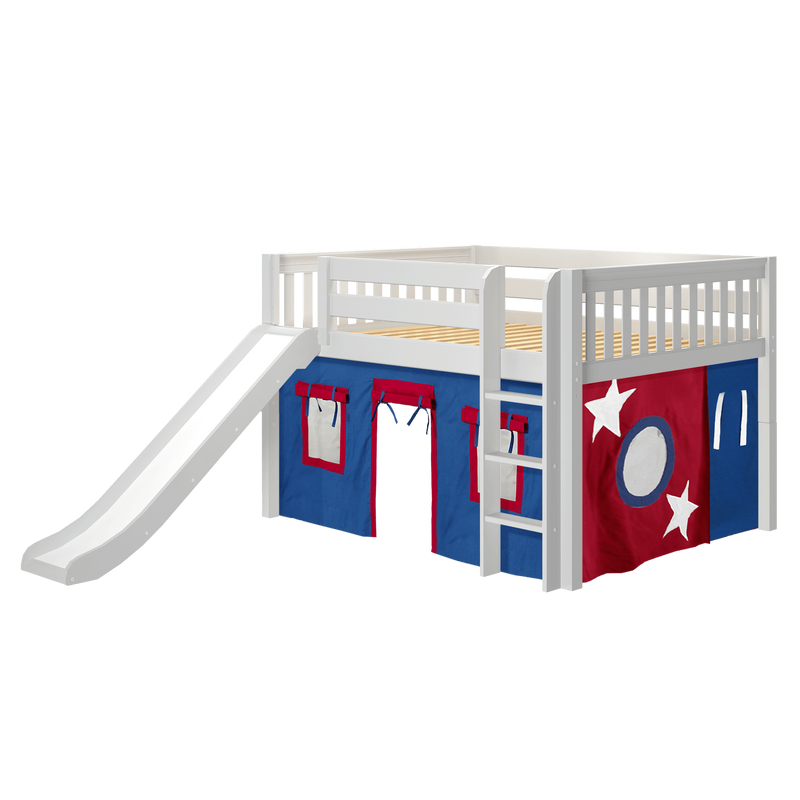 Maxtrix Full Low Loft Bed with Straight Ladder, Curtain + Slide