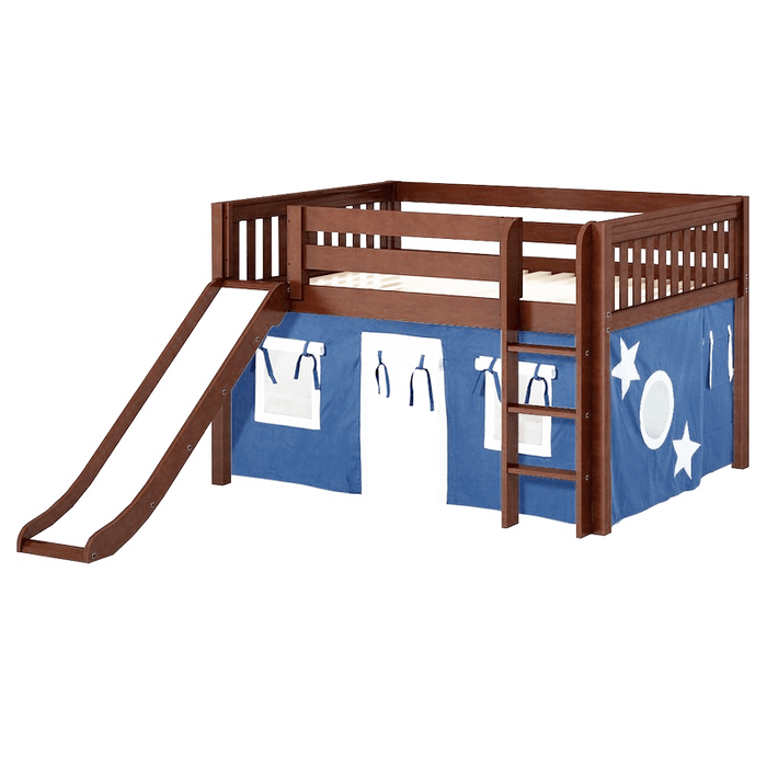 Maxtrix Full Low Loft Bed with Straight Ladder, Curtain + Slide