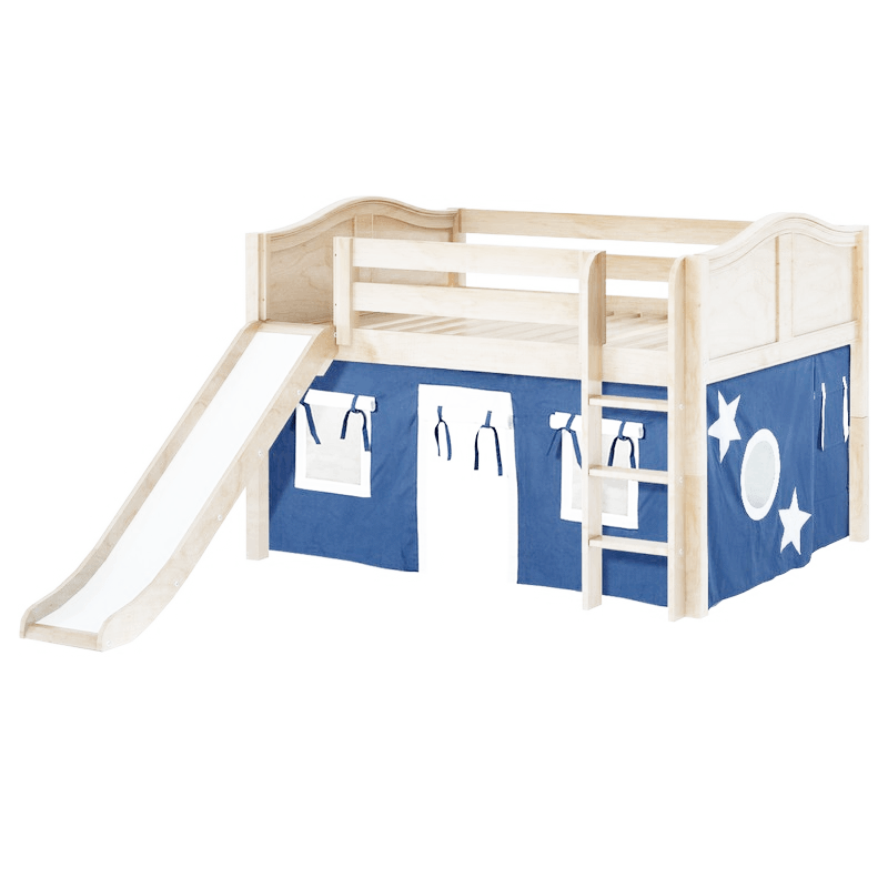 Maxtrix Full Low Loft Bed with Straight Ladder, Curtain + Slide