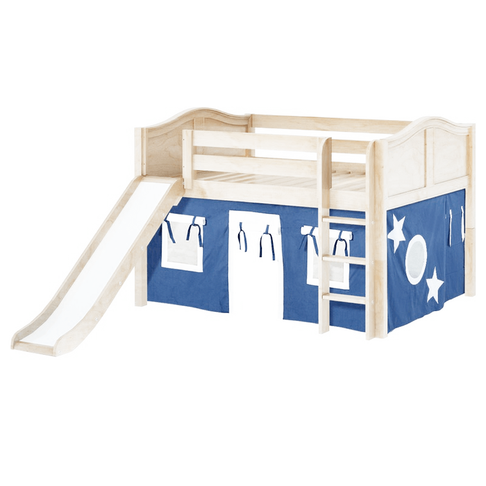 Maxtrix Full Low Loft Bed with Straight Ladder, Curtain + Slide