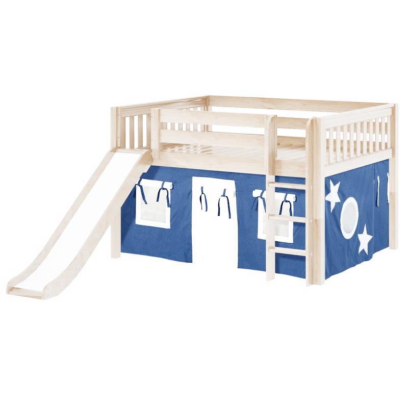 Maxtrix Full Low Loft Bed with Straight Ladder, Curtain + Slide