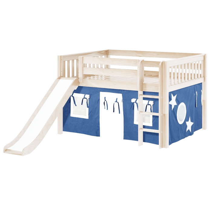 Maxtrix Full Low Loft Bed with Straight Ladder, Curtain + Slide