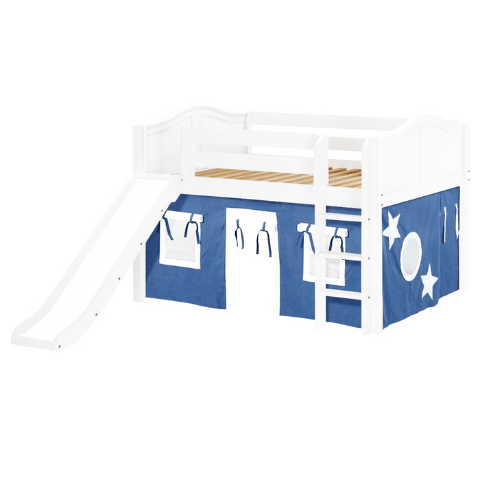 Maxtrix Full Low Loft Bed with Straight Ladder, Curtain + Slide