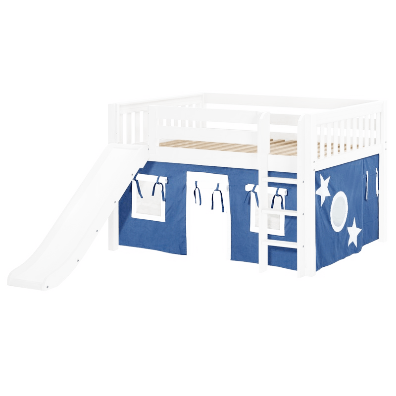 Maxtrix Full Low Loft Bed with Straight Ladder, Curtain + Slide