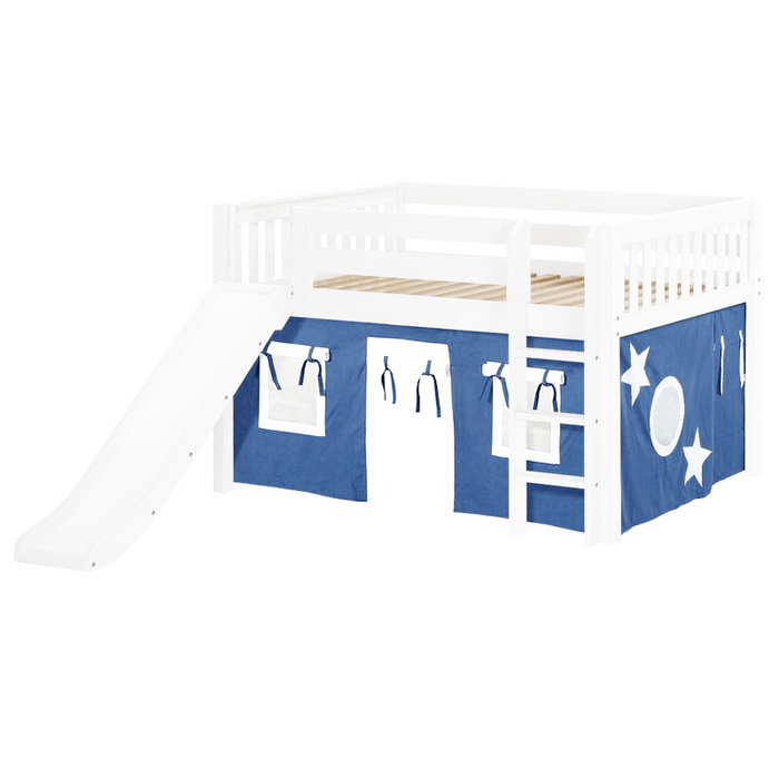 Maxtrix Full Low Loft Bed with Straight Ladder, Curtain + Slide