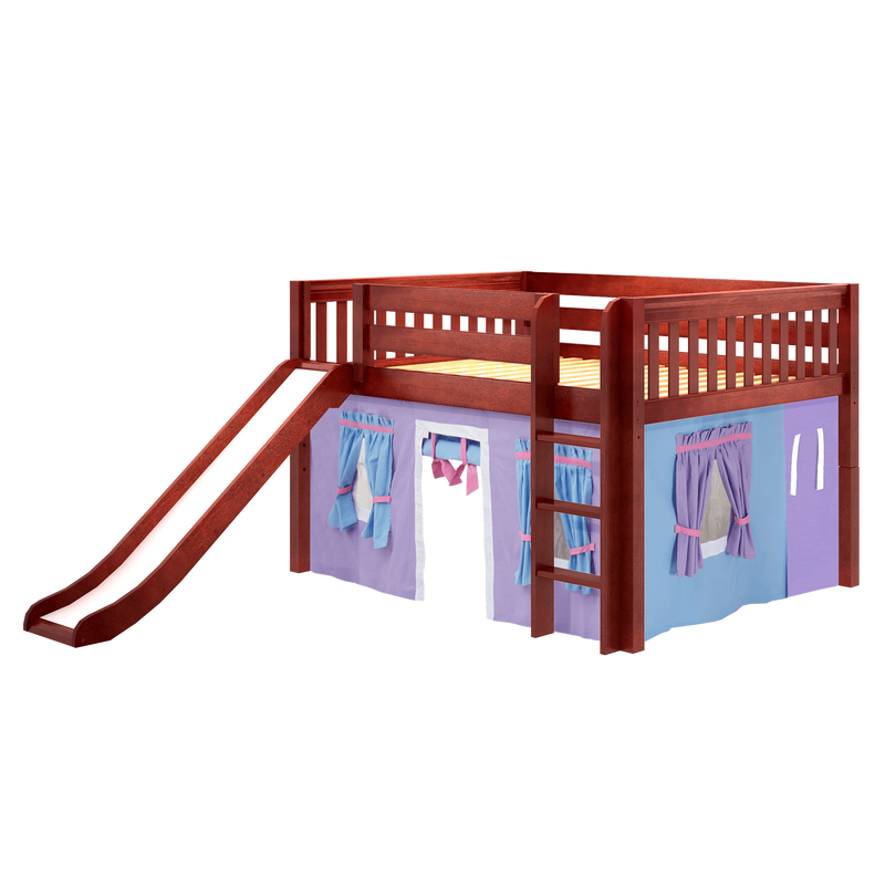 Maxtrix Full Low Loft Bed with Straight Ladder, Curtain + Slide