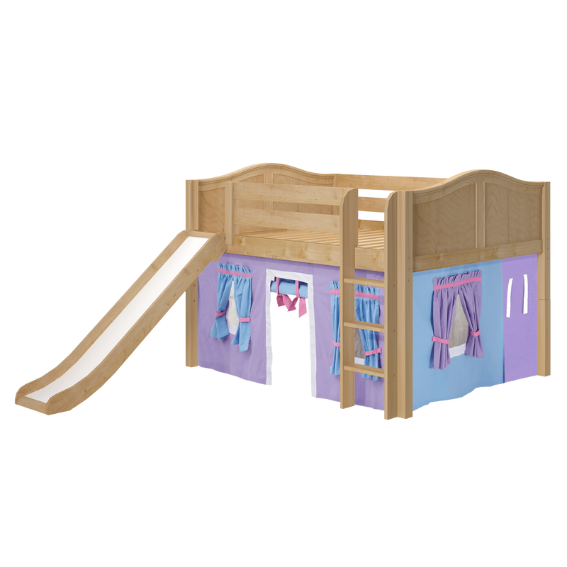 Maxtrix Full Low Loft Bed with Straight Ladder, Curtain + Slide