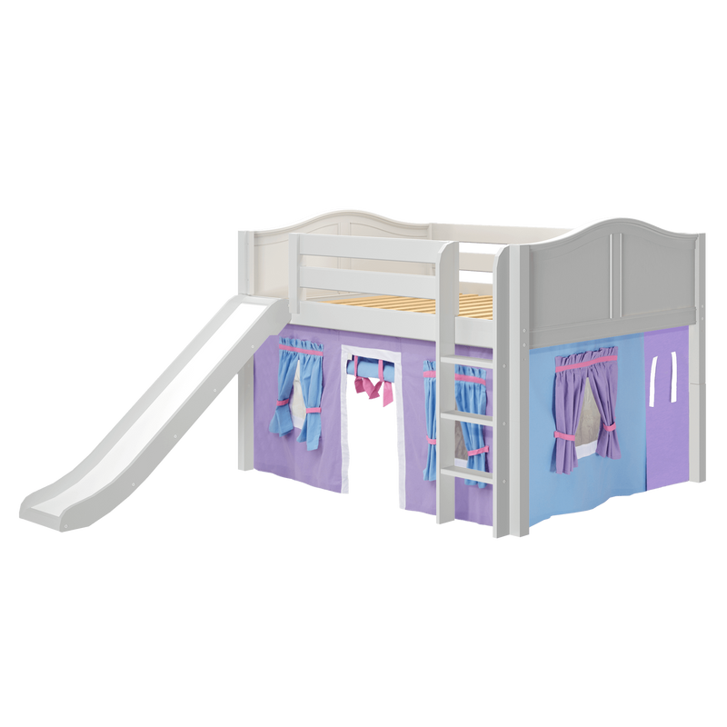 Maxtrix Full Low Loft Bed with Straight Ladder, Curtain + Slide