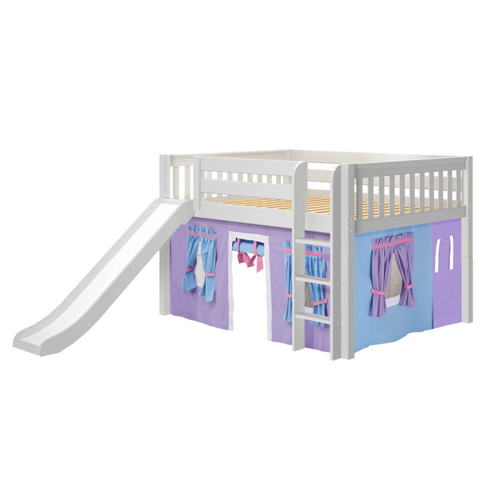 Maxtrix Full Low Loft Bed with Straight Ladder, Curtain + Slide