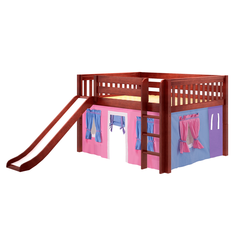 Maxtrix Full Low Loft Bed with Straight Ladder, Curtain + Slide