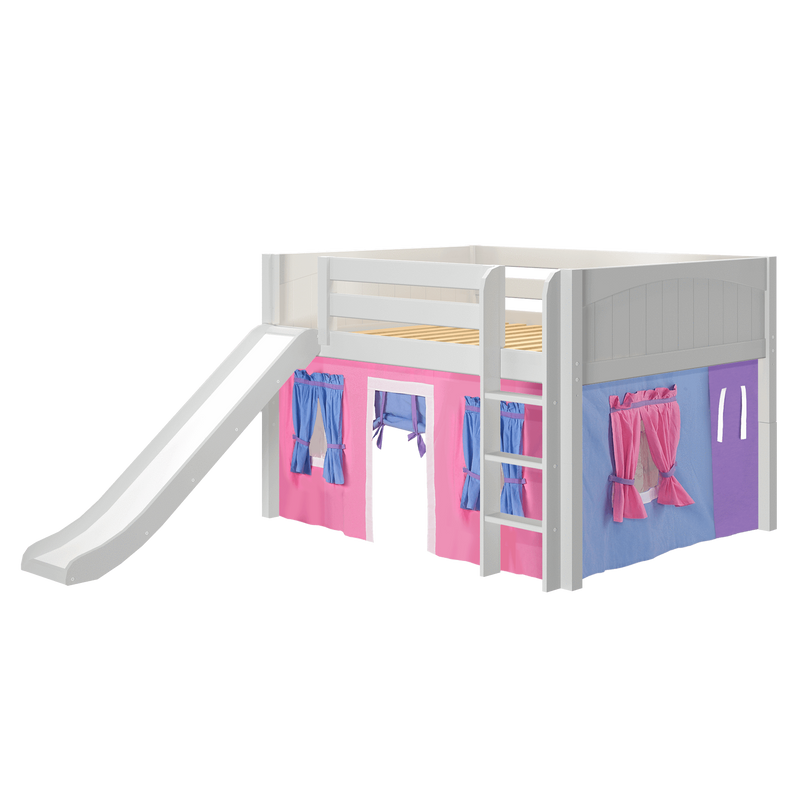 Maxtrix Full Low Loft Bed with Straight Ladder, Curtain + Slide