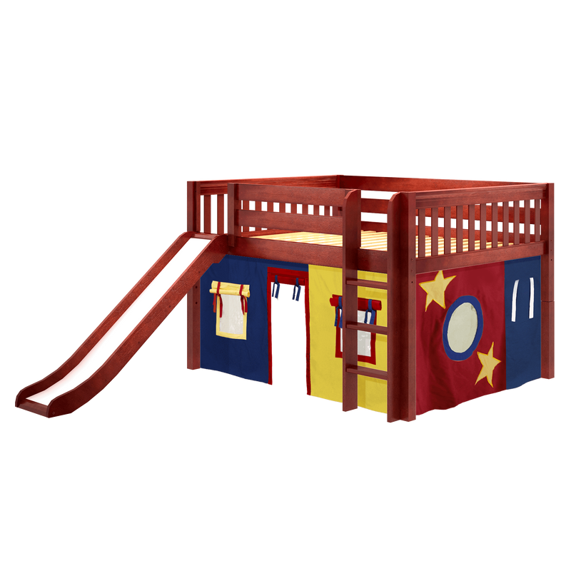 Maxtrix Full Low Loft Bed with Straight Ladder, Curtain + Slide