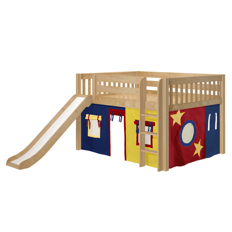 Maxtrix Full Low Loft Bed with Straight Ladder, Curtain + Slide