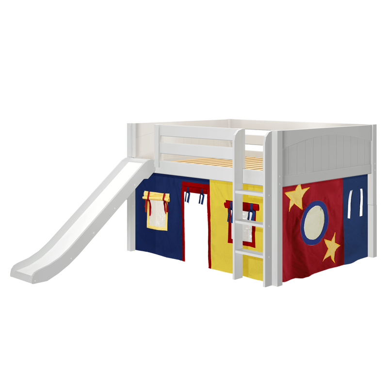 Maxtrix Full Low Loft Bed with Straight Ladder, Curtain + Slide