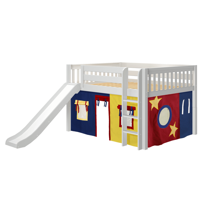 Maxtrix Full Low Loft Bed with Straight Ladder, Curtain + Slide