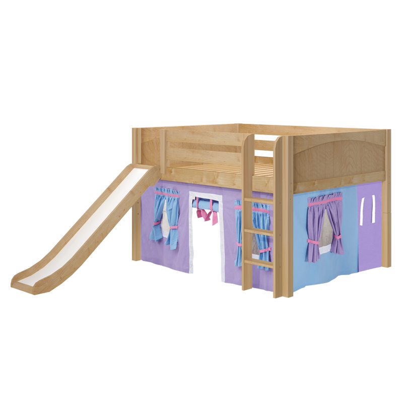 Maxtrix Full Low Loft Bed with Straight Ladder, Curtain + Slide