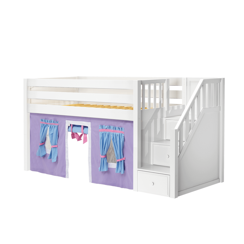 Maxtrix Twin Low Loft Bed with Stairs + Curtain