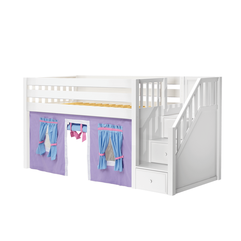 Maxtrix Twin Low Loft Bed with Stairs + Curtain