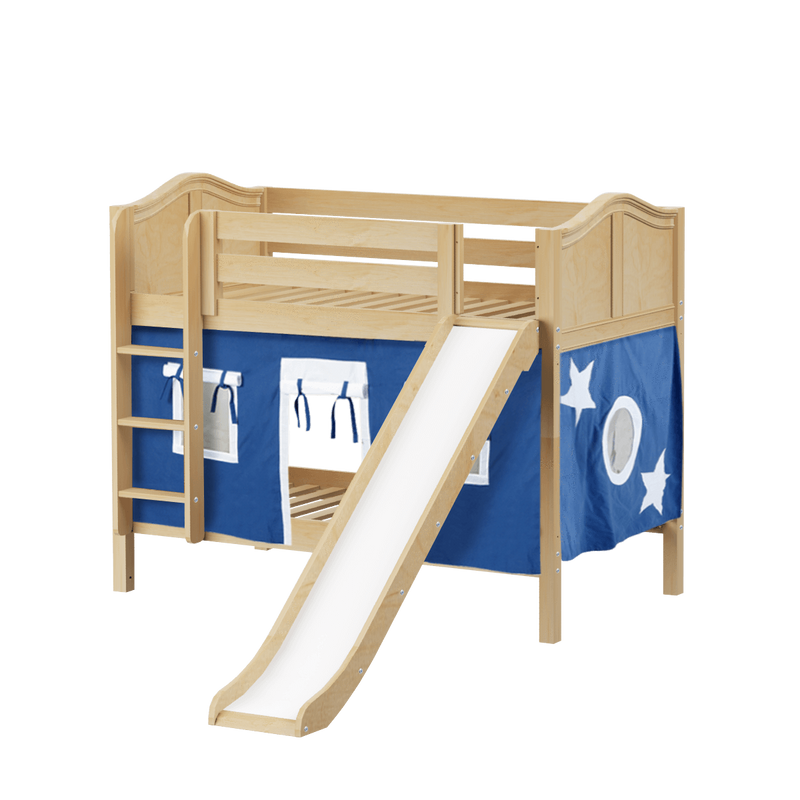 Maxtrix Twin Low Bunk Bed with Straight Ladder, Curtain + Slide