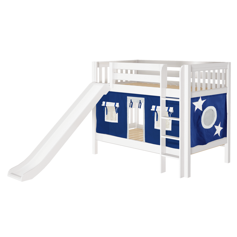 Maxtrix Twin Low Bunk Bed with Straight Ladder, Curtain + Slide
