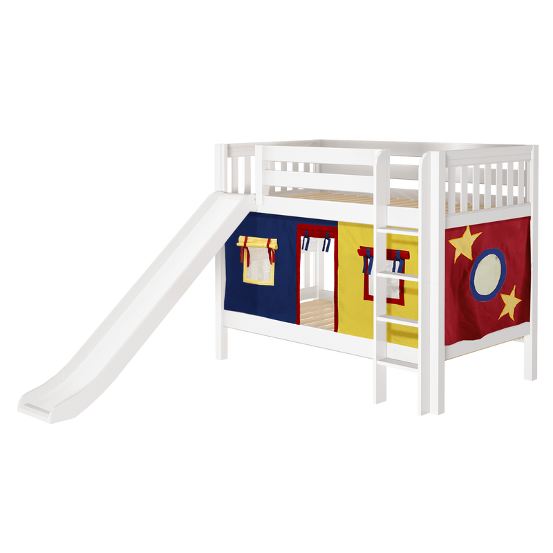 Maxtrix Twin Low Bunk Bed with Straight Ladder, Curtain + Slide