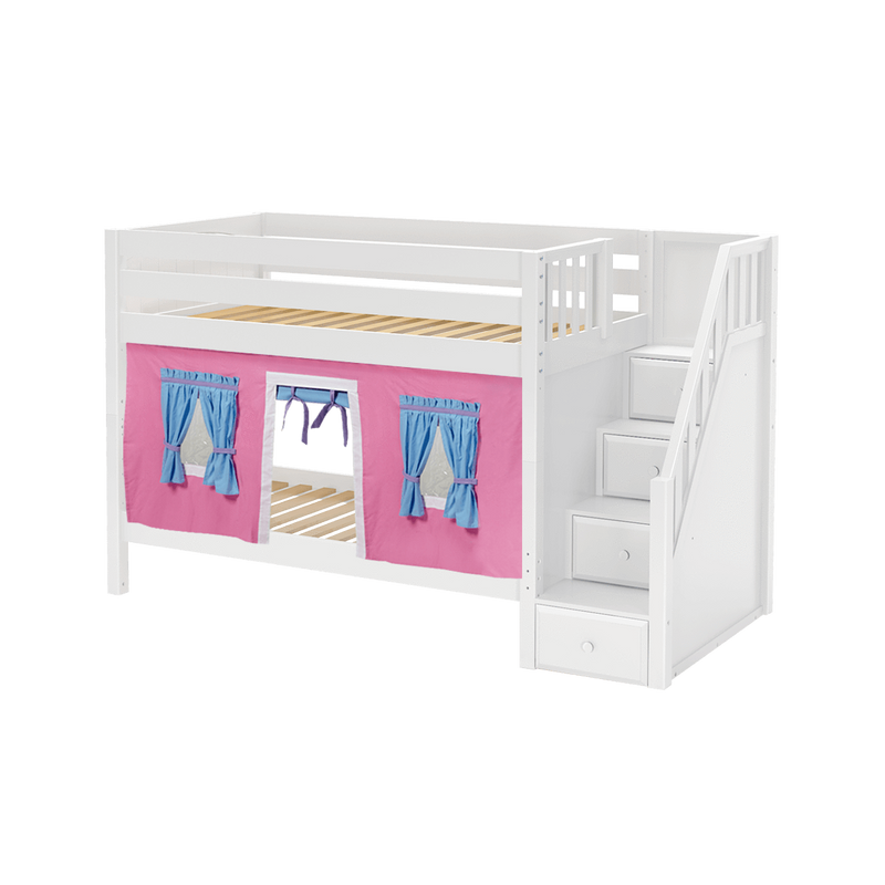 Maxtrix Twin Low Bunk Bed with Stairs + Curtain