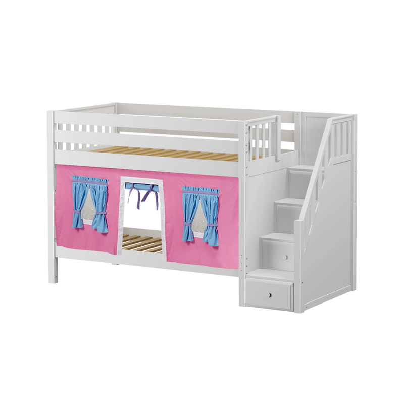 Maxtrix Twin Low Bunk Bed with Stairs + Curtain