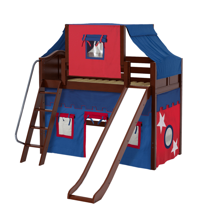 Maxtrix Twin Mid Loft Bed with Angled Ladder, Curtain, Top Tent + Slide