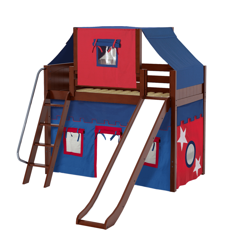 Maxtrix Twin Mid Loft Bed with Angled Ladder, Curtain, Top Tent + Slide