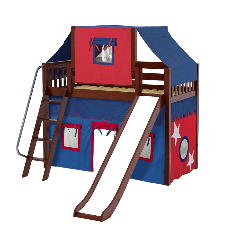 Maxtrix Twin Mid Loft Bed with Angled Ladder, Curtain, Top Tent + Slide