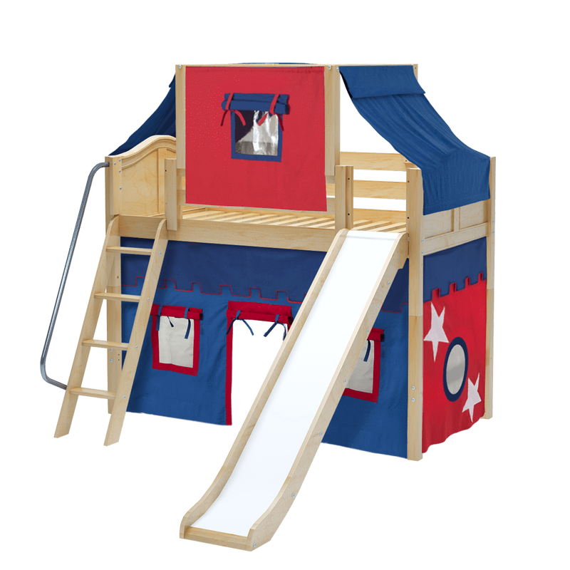 Maxtrix Twin Mid Loft Bed with Angled Ladder, Curtain, Top Tent + Slide