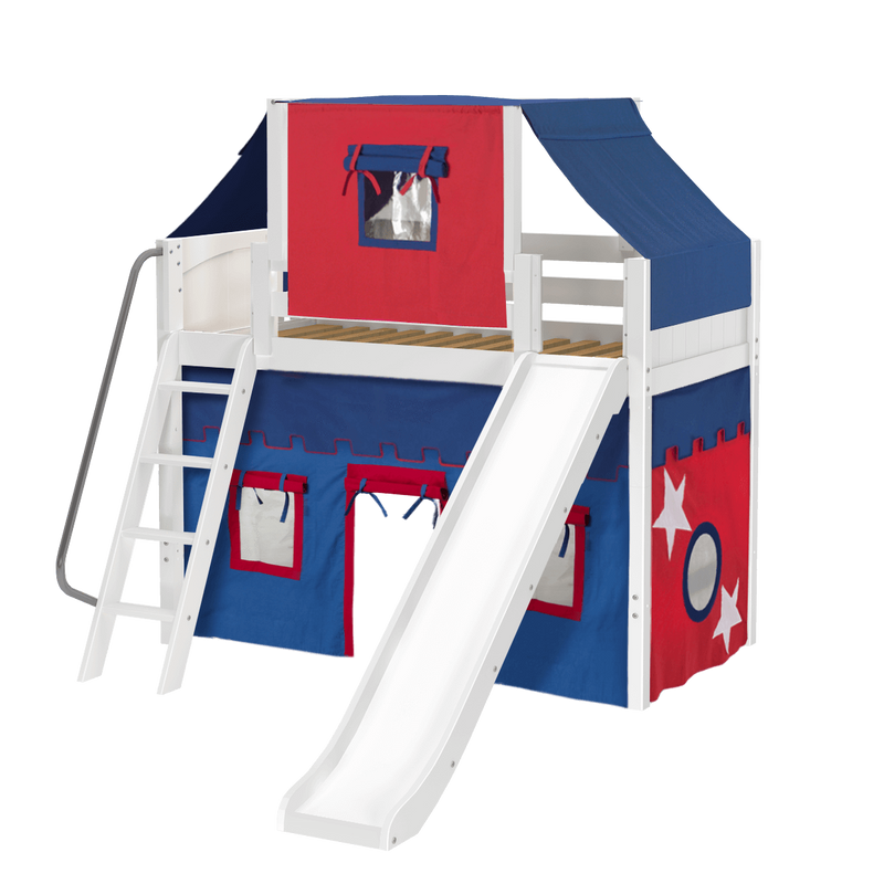 Maxtrix Twin Mid Loft Bed with Angled Ladder, Curtain, Top Tent + Slide