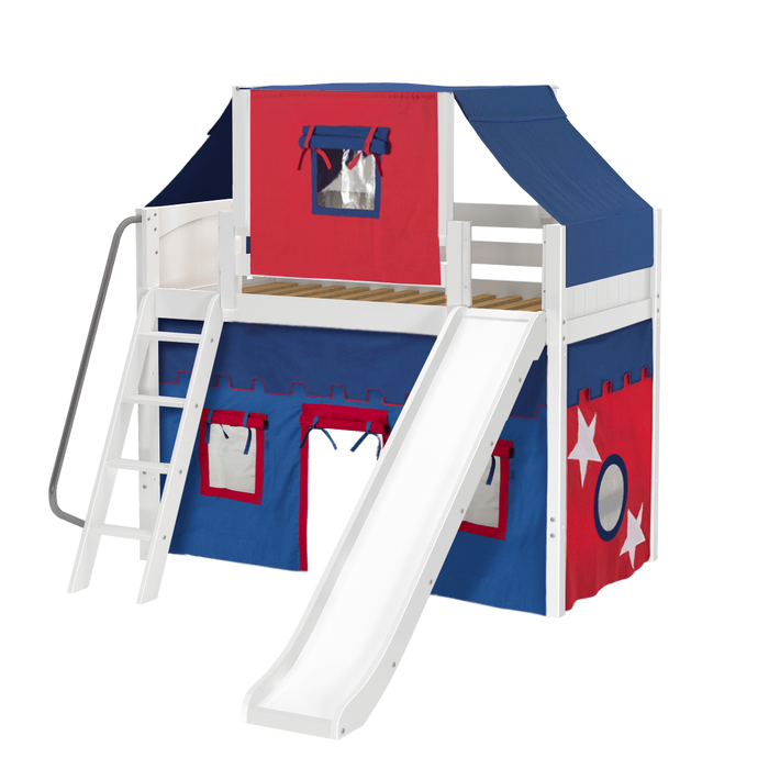 Maxtrix Twin Mid Loft Bed with Angled Ladder, Curtain, Top Tent + Slide