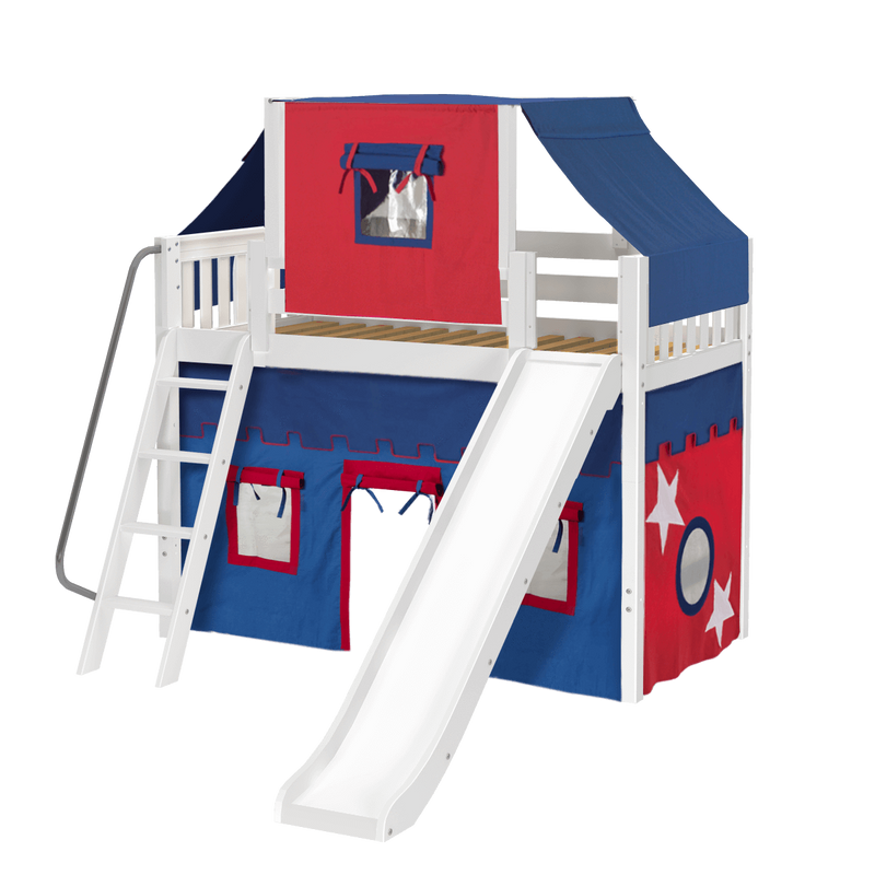 Maxtrix Twin Mid Loft Bed with Angled Ladder, Curtain, Top Tent + Slide