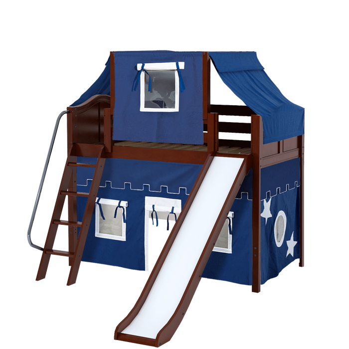 Maxtrix Twin Mid Loft Bed with Angled Ladder, Curtain, Top Tent + Slide