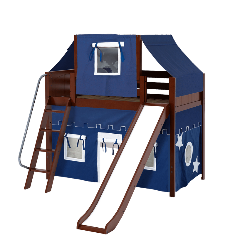 Maxtrix Twin Mid Loft Bed with Angled Ladder, Curtain, Top Tent + Slide