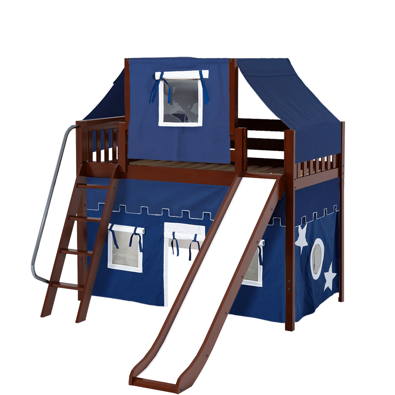 Maxtrix Twin Mid Loft Bed with Angled Ladder, Curtain, Top Tent + Slide