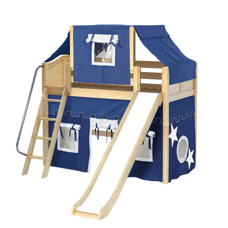 Maxtrix Twin Mid Loft Bed with Angled Ladder, Curtain, Top Tent + Slide