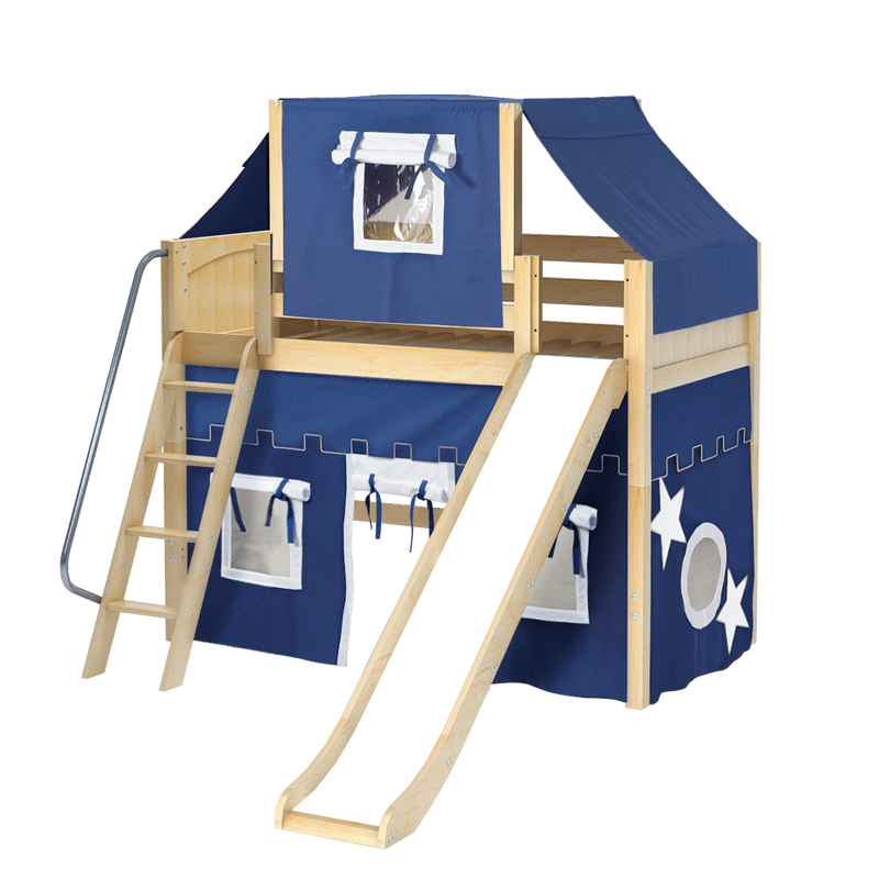 Maxtrix Twin Mid Loft Bed with Angled Ladder, Curtain, Top Tent + Slide