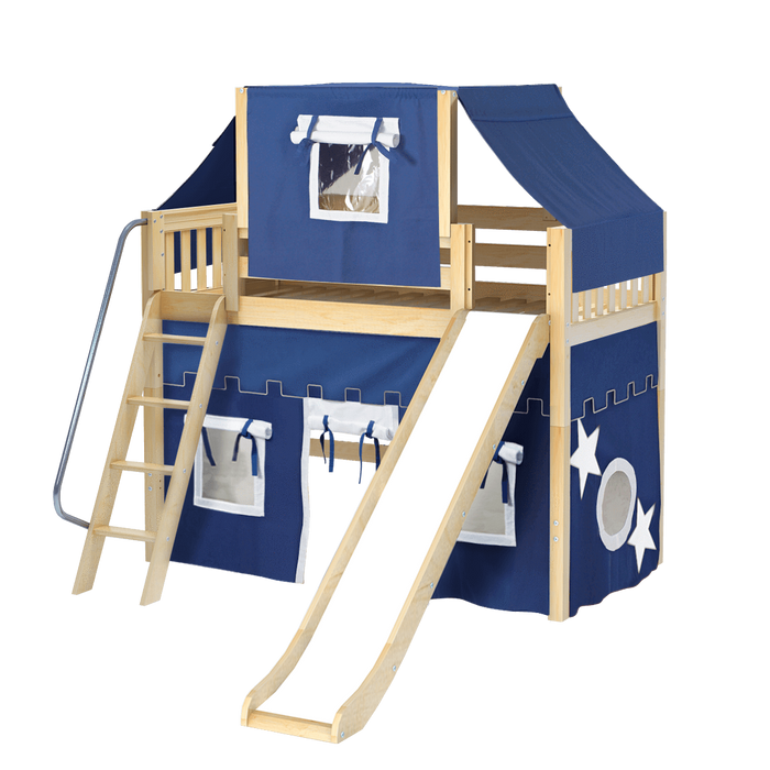 Maxtrix Twin Mid Loft Bed with Angled Ladder, Curtain, Top Tent + Slide