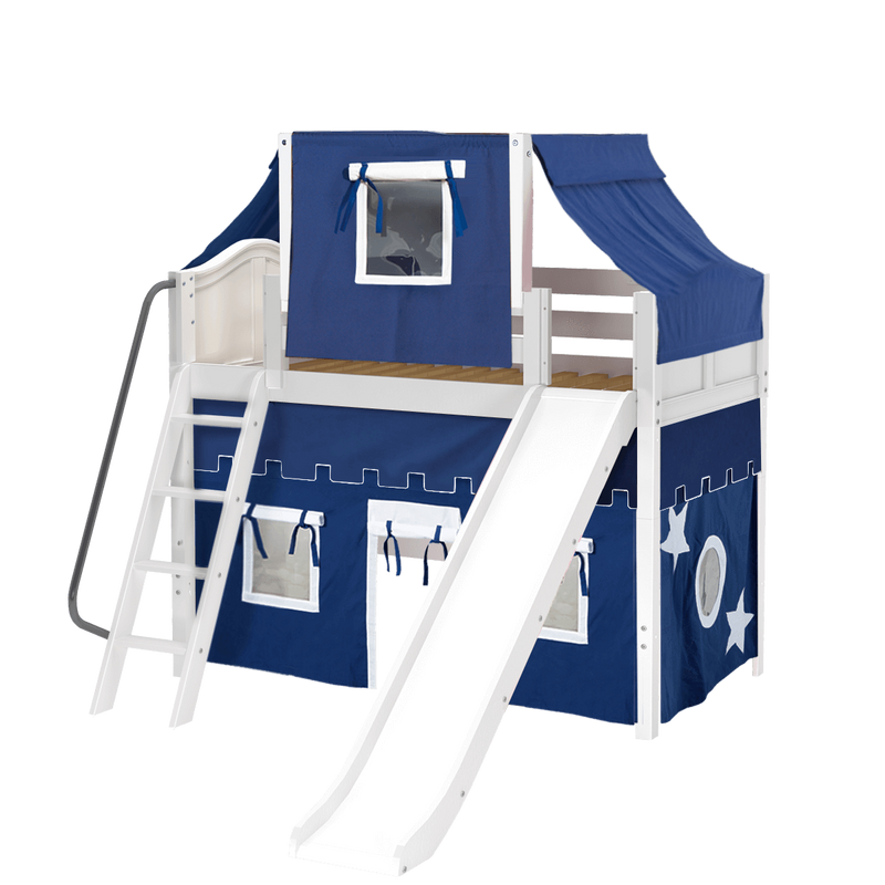 Maxtrix Twin Mid Loft Bed with Angled Ladder, Curtain, Top Tent + Slide